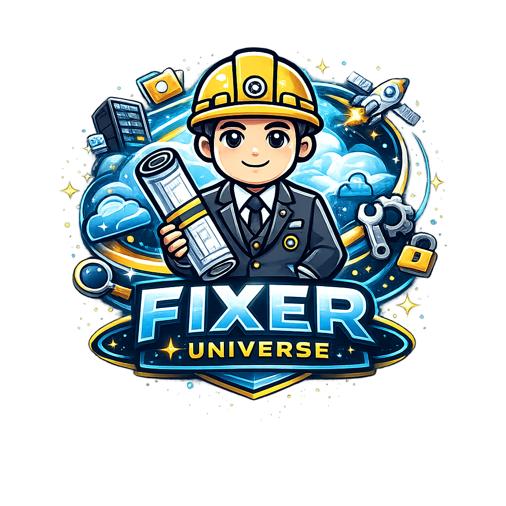 Fixer Universe - Fixer guys holding plans with items in the air related to Fixer.